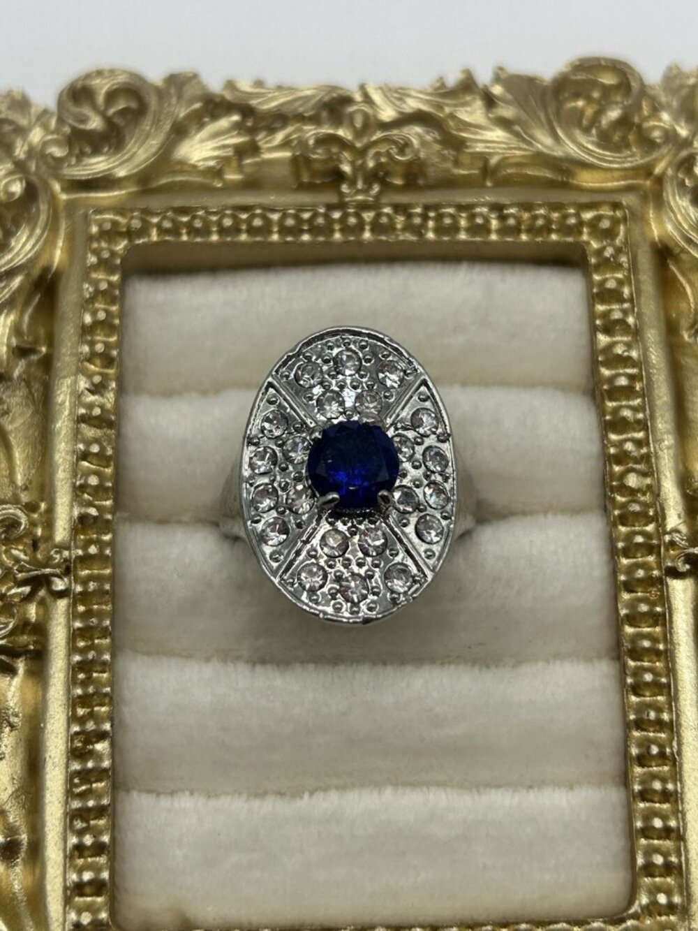 Vintage Style Silver Tone Blue Rhinestone Oval Cocktail Ring Size 8
